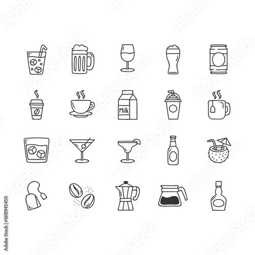 Collection of hand drawn doodle icons representing various drinks and beverages