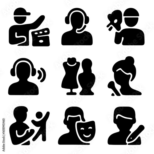 Theater Role Icons. Solid, filled icon set of theater production roles: director icon, stage manager, lighting tech, sound tech,