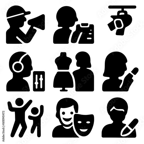 Theater Role Icons. Solid, filled icon set of theater production roles: director icon, stage manager, lighting tech, sound tech,
