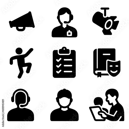 Theater Roles Icons. Solid, filled icons set of director and crew roles: director megaphone, assistant stage