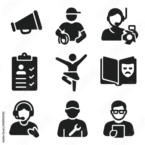 Theater Roles Icons. Solid, filled icons set of director and crew roles: director megaphone, assistant stage