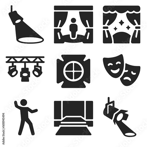 Theatrical Lighting Icons. Solid, filled icons set of theatrical lighting effects: spotlight arc, stage shadow