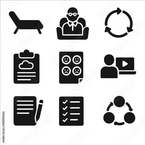 Therapy Tools Icons. Solid, filled icons set of therapy and psychological tools: couch icon, therapist figure,
