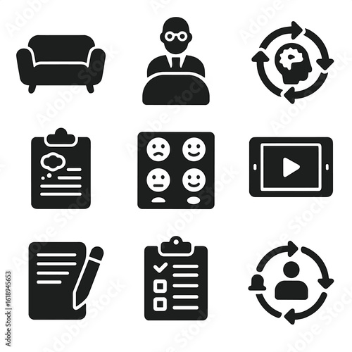 Therapy Tools Icons. Solid, filled icons set of therapy and psychological tools: couch icon, therapist figure,