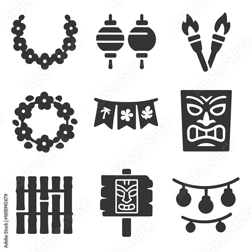 Tiki Party Icons. Solid, filled icons set of tiki party decorations: lei garland, paper lanterns, flaming