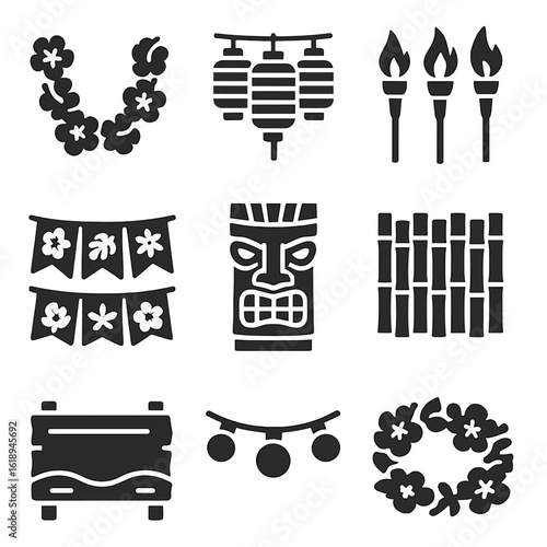 Tiki Party Icons. Solid, filled icons set of tiki party decorations: lei garland, paper lanterns, flaming