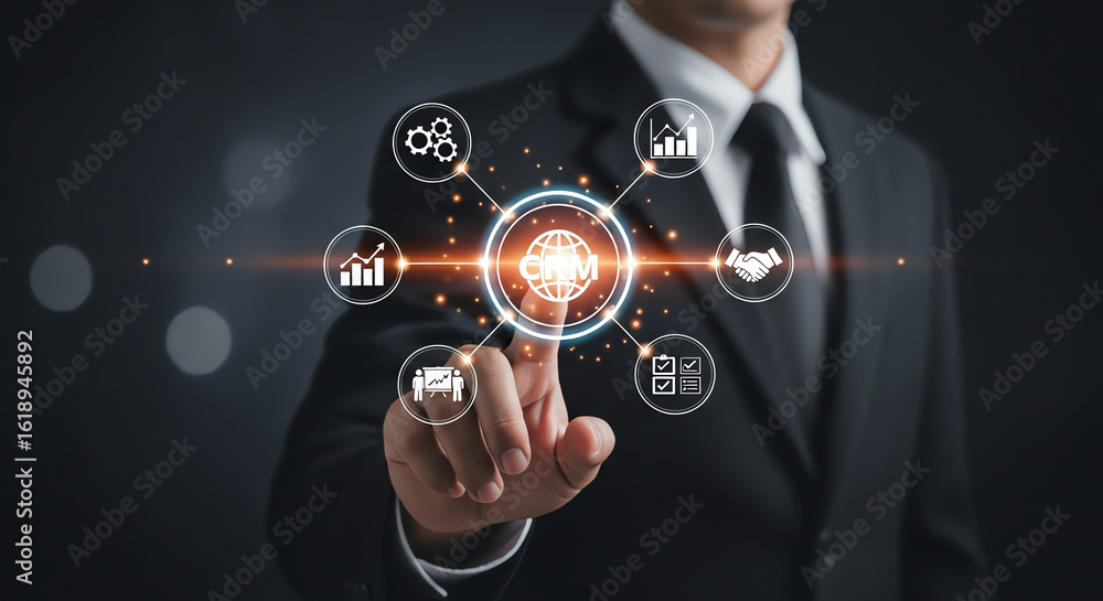 Fototapeta premium Businessman interacting with CRM digital interface