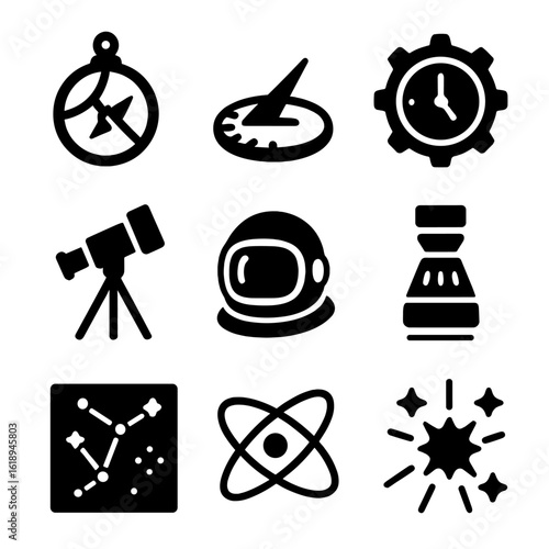 Time and Space Icons. Solid, filled icon set of timekeeping devices and space tools: astrolabe, sundial, clock gear, telescope,