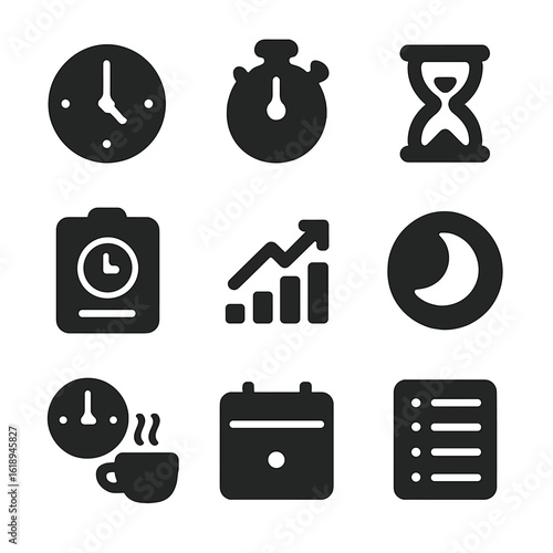 Time Tracking Icons. Solid, filled icons set of time tracking and productivity: clock face, stopwatch,