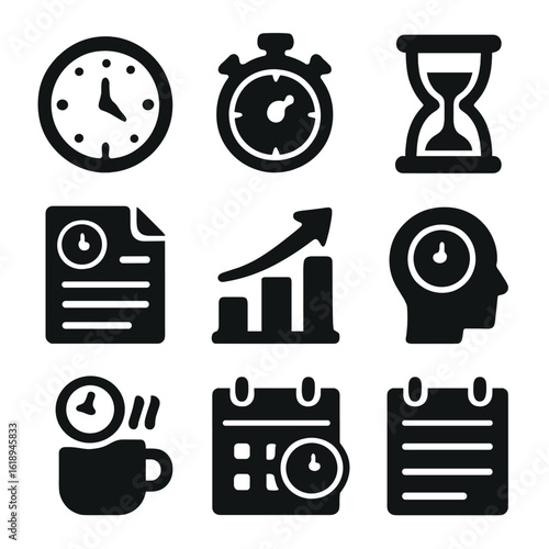 Time Tracking Icons. Solid, filled icons set of time tracking and productivity: clock face, stopwatch,