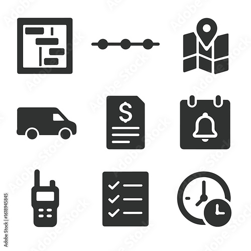 Timeline and Planning Icons. Solid, filled icons set of timeline and logistics planning: gantt chart, timeline
