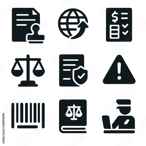Trade Compliance Icons. Solid, filled icons set of international trade compliance: document stamp, export