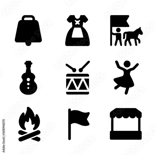 Traditional Festival Icons. Solid, filled icon set of Cow bell and traditional festivals: cow bell, folk costume, parade, musical