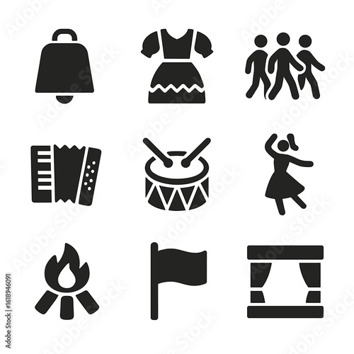 Traditional Festival Icons. Solid, filled icon set of Cow bell and traditional festivals: cow bell, folk costume, parade, musical