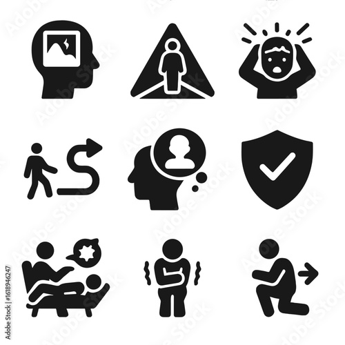 Trauma Icon Set. Solid, filled icons set of trauma-related fear: memory flash, PTSD icon, avoidance path,