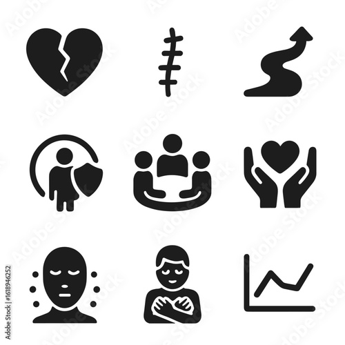 Trauma Recovery Icons. Solid, filled icons set of trauma recovery and adaptation: broken heart, stitched wound