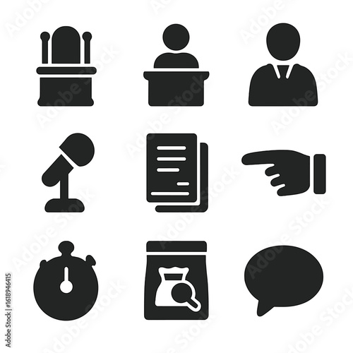 Trial Icons Grid. Solid, filled icon set of trial proceedings: judge’s chair, witness stand, lawyer figure, microphone, legal