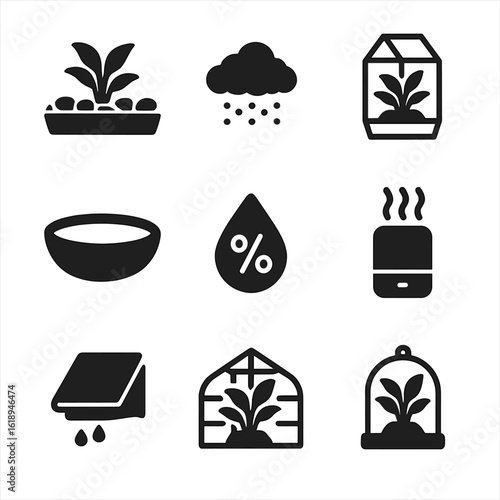 Tropical Plant Care Icons. Solid, filled icons set of creating a humid environment for tropical plants: pebble