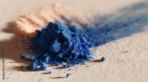 Brilliant blue pigment powder scattered on a beige surface creates a striking visual contrast.