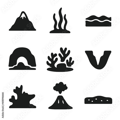 Underwater Icon Grid. Solid, filled icon set of ocean floor features: underwater mountain, seaweed, sand, underwater cave, coral