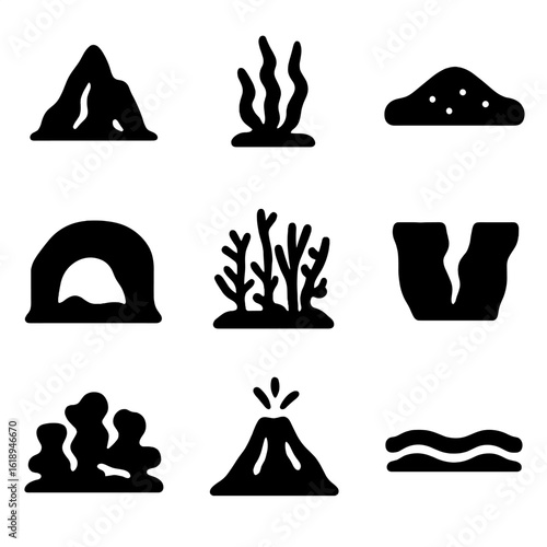 Underwater Icon Grid. Solid, filled icon set of ocean floor features: underwater mountain, seaweed, sand, underwater cave, coral