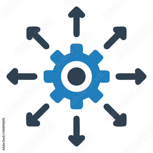 Blue gear with arrows outward distribution technology concept