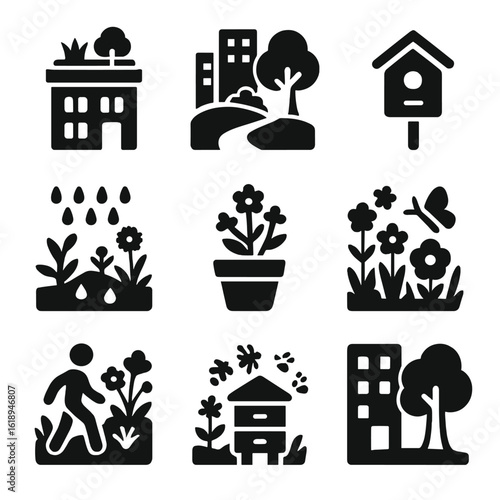 Urban Biodiversity Icons. Solid, filled icons set of biodiversity in urban planning: green roof, city park,