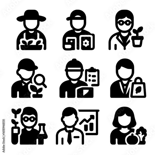 Urban Farming Icons. Solid, filled icon set of workers and roles in urban farming: farmer, technician, scientist, quality