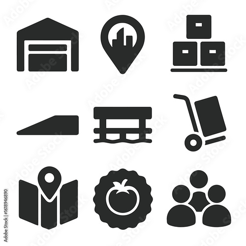 Urban Food Hub Icons. Solid, filled icons set of urban food hubs: warehouse icon, city pin, stacked boxes,