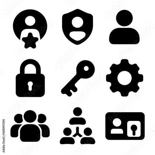 User Roles Icons. Solid, filled icon set of user roles and permissions: admin badge, moderator shield, user icon, lock, key,