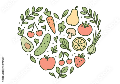 Cartoon Heart Shape Filled with Various Fresh Vegetables and Fruits Healthy Eating Concept