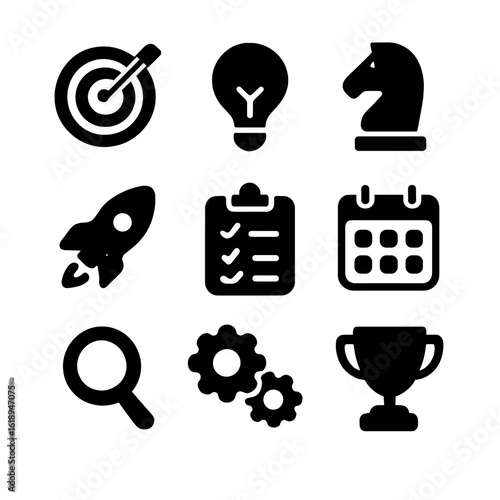 UX Strategy Icons. Solid, filled icon set of UX strategy: target, light bulb, chess knight, rocket, checklist, calendar,