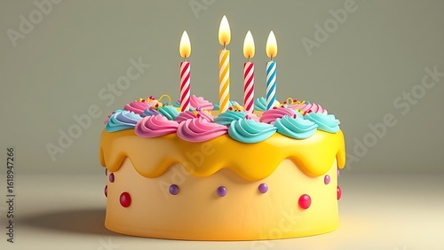Colorful 3D birthday cake with festive frosting and candles, rendered in isometric studio lighting.