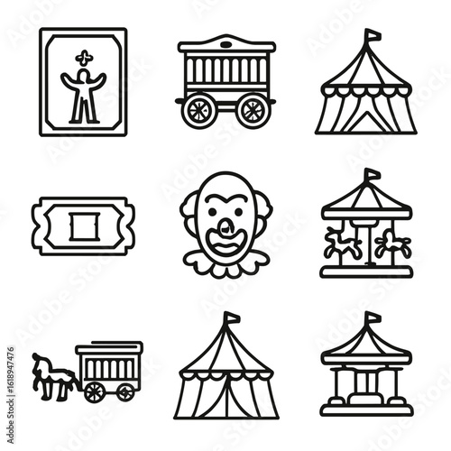 Vintage Circus Icons. poster, circus wagon, big top, old ticket, circus poster, vintage clown face, carousel, circus parade,