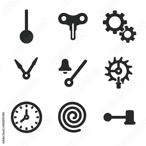 Vintage Clock Icon Set. Solid, filled icon set of vintage clock mechanics: pendulum, winding key, gear wheels, clock hands, bell