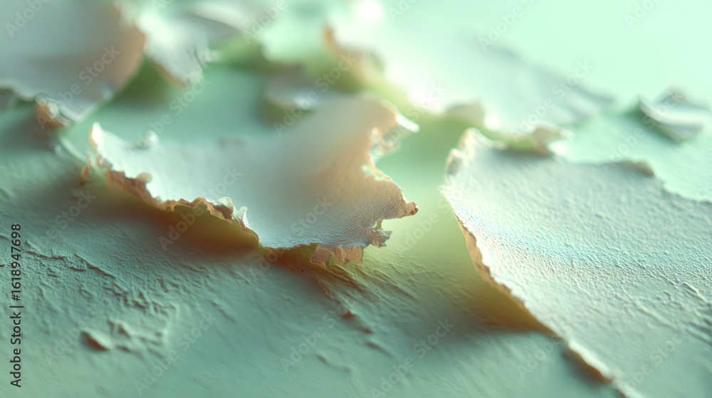 Close-up of flaking surface, textured and peeling. Light reveals depth in muted tones.