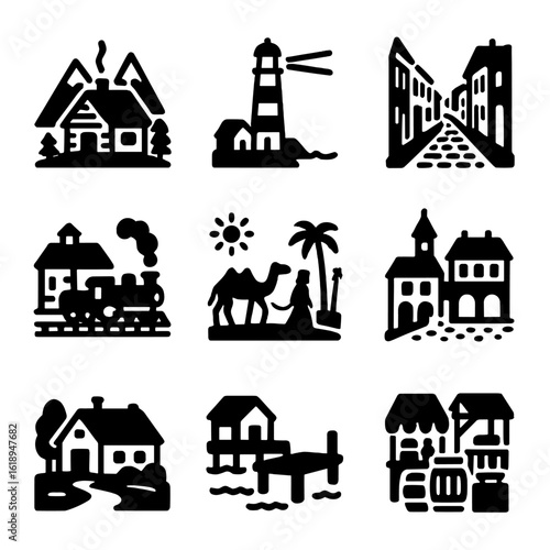 Vintage Travel Icons. Solid, filled icon set of vintage travel scenes: mountain cabin, seaside lighthouse, cobblestone street,