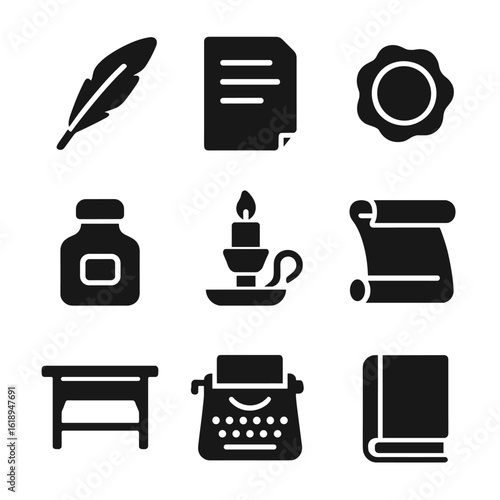 Vintage Writing Icons. Solid, filled icon set of vintage writing desk items: quill pen, parchment paper, wax seal, inkwell, candle