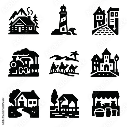 Vintage Travel Icons. Solid, filled icon set of vintage travel scenes: mountain cabin, seaside lighthouse, cobblestone street,