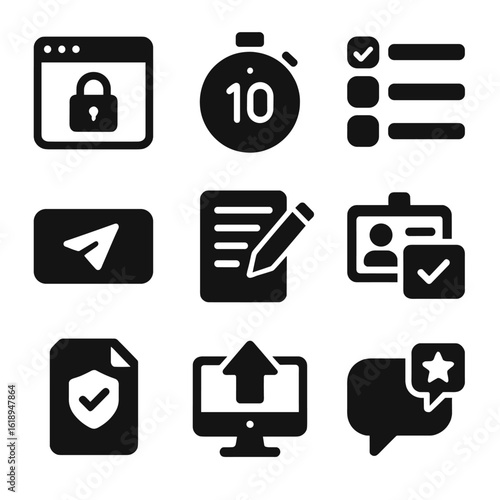 Virtual Exam Tools Icons. Solid, filled icons set of virtual test-taking tools: secure browser, countdown