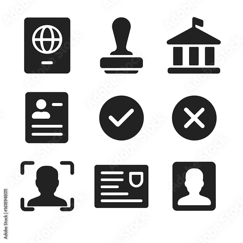 Visa Icons Set. Solid, filled icons set of visa requirements: passport, visa stamp, embassy building,