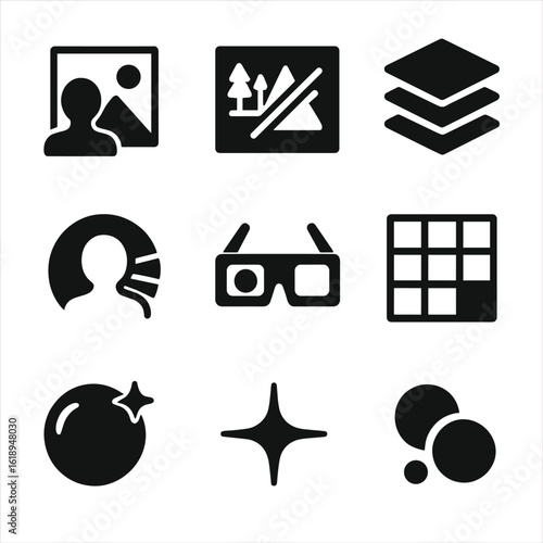 3D Visual Effects Icons. Solid, filled icon set of 3D visual effects: depth perception, parallax, anaglyph layers, motion parallax