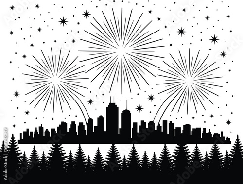 Fireworks over City Skyline Silhouette