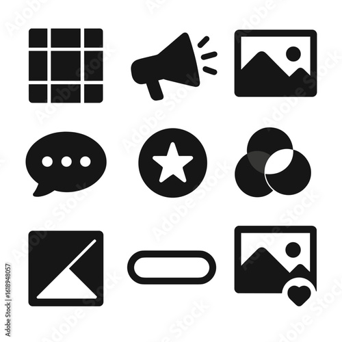 Visual Storytelling Icons. Solid, filled icons set of visual storytelling assets: composition grid, brand tone