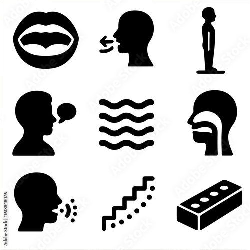 Vocal Technique Icons. Solid, filled icons set of vocal technique training: mouth diagram, breathing symbol,