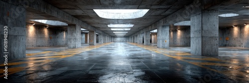 Panel kuchenny z motywem Large empty underground parking garage with concrete pillars and wet floor