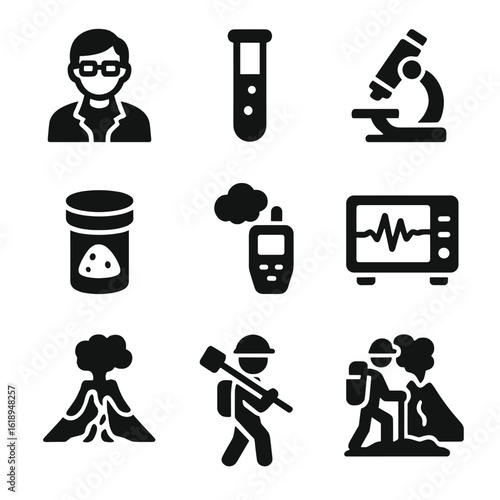 Volcanic Research Icons. Solid, filled icon set of volcanic research: scientist, test tube, microscope, lava sample, gas analysis,
