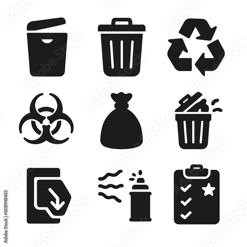 Waste Management Icons. Solid, filled icons set of restroom waste management: sanitary bin, trash can,