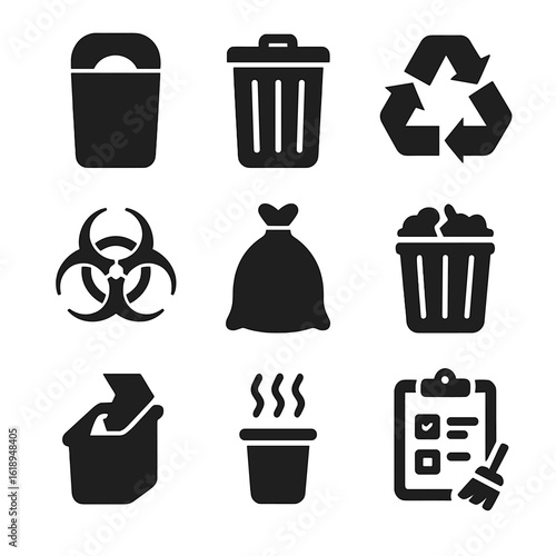 Waste Management Icons. Solid, filled icons set of restroom waste management: sanitary bin, trash can,