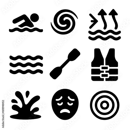 Water Current Icons. Solid, filled icon set of Struggling against strong currents: swimmer, swirling water, current arrows, waves,